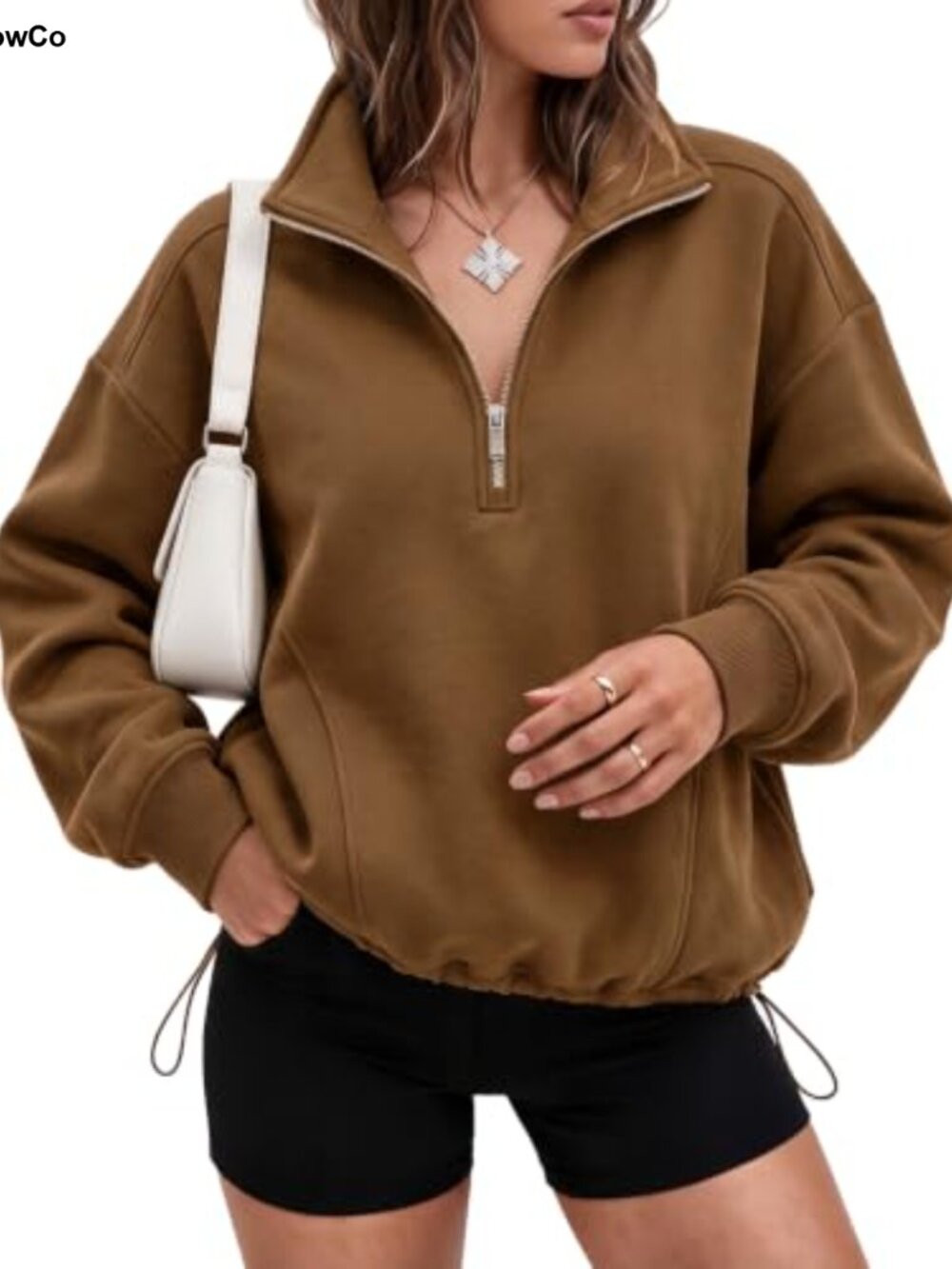 Oversized Half Zip Fleece Sweatshirt Pullover Drawstring Hem Women